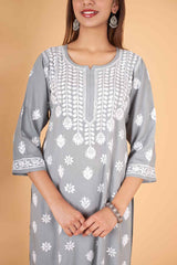 Arsh Handcrafted Kurti And Plazzo 2 pc Chikankari Set in Steel Grey Colour