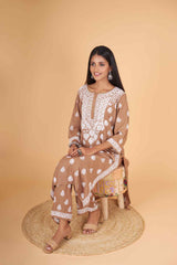 Arsh Handcrafted Kurti And Plazzo 2 pc Chikankari Set in Brown Colour