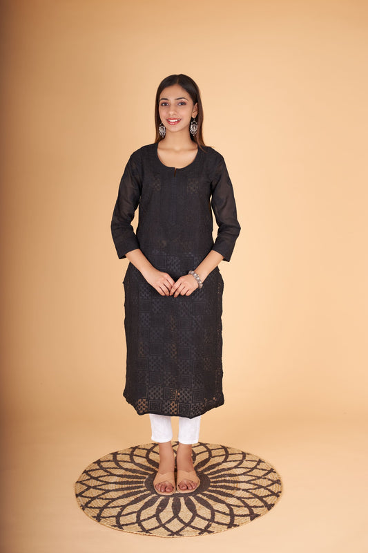 Arsh Handcrafted Black Front Jaal Pure Cotton Kurti