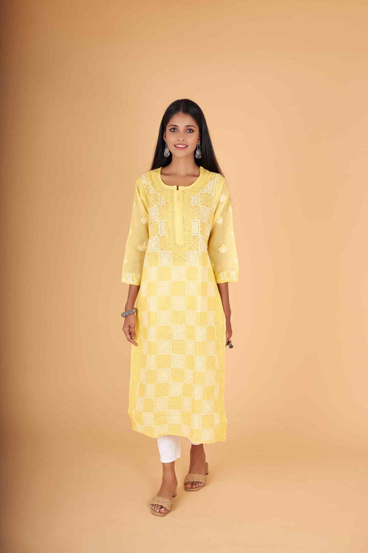 Arsh Handcrafted Yellow Front Jaal Pure Cotton Kurti