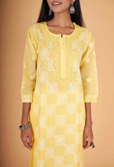 Arsh Handcrafted Yellow Front Jaal Pure Cotton Kurti