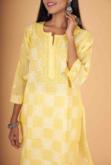 Arsh Handcrafted Yellow Front Jaal Pure Cotton Kurti