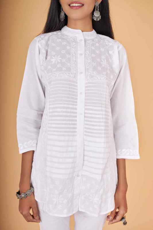 Arsh Handcrafted Pure Cotton Pintucks Stitch Chikan Shirt