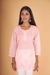 Arsh Handcrafted Peach Pure Cotton Chikankari Daraj Short Top