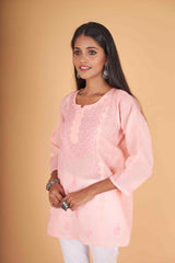 Arsh Handcrafted Peach Pure Cotton Chikankari Daraj Short Top