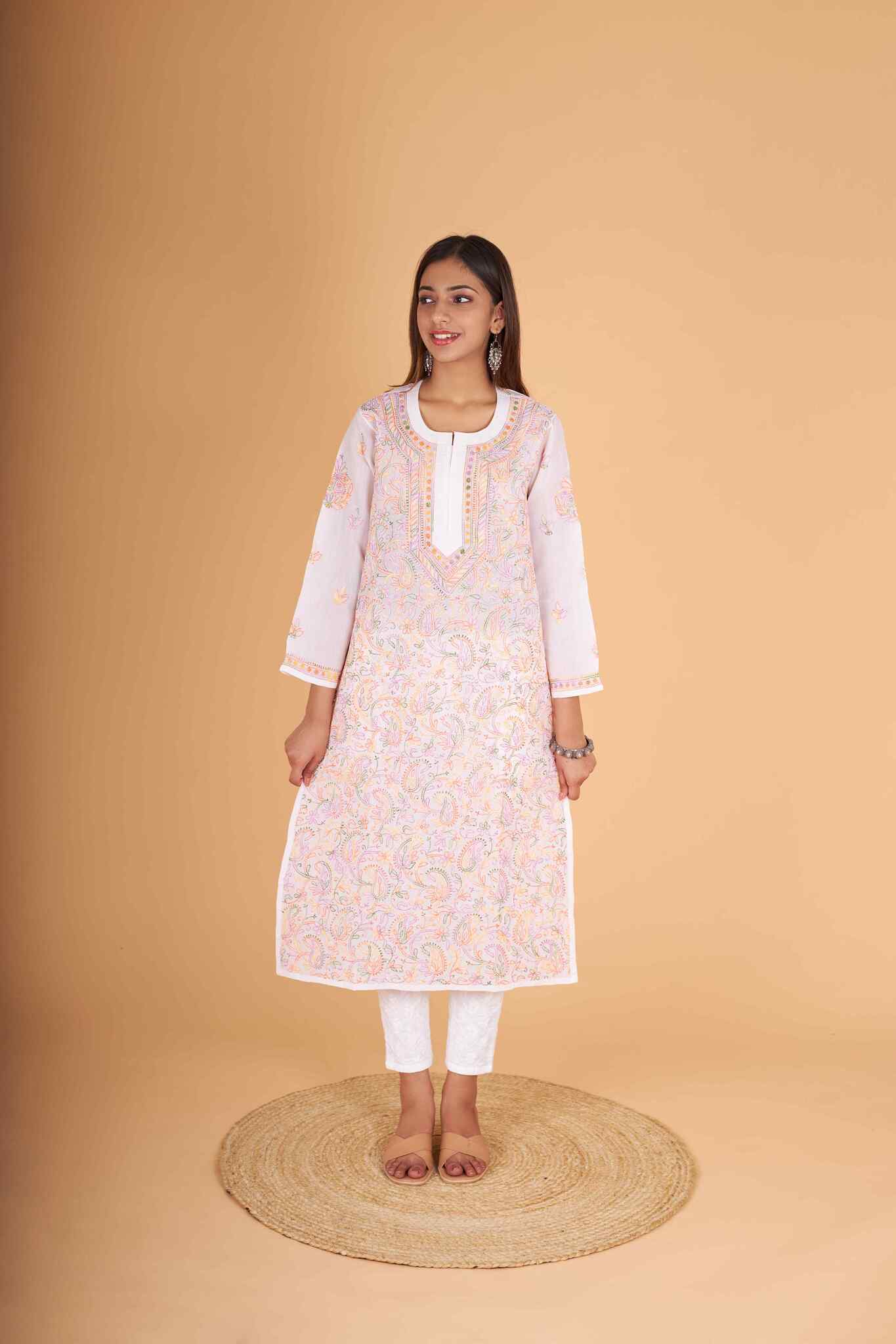 Arsh Handcrafted Multi on White Cotton Kurti