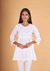 Arsh Handcrafted Pure Cotton Short Angarkha Chikan Top