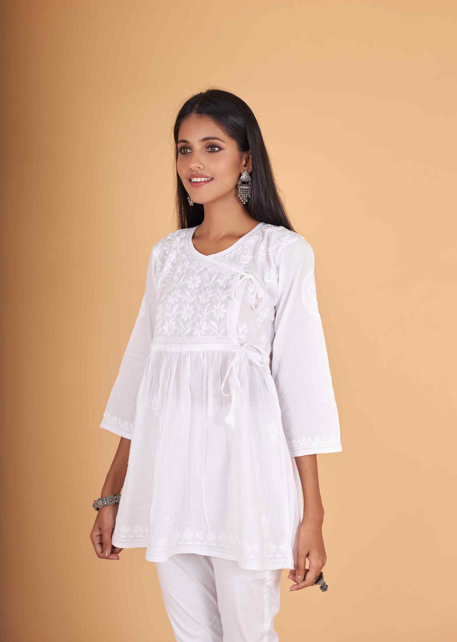 Arsh Handcrafted Pure Cotton Short Angarkha Chikan Top