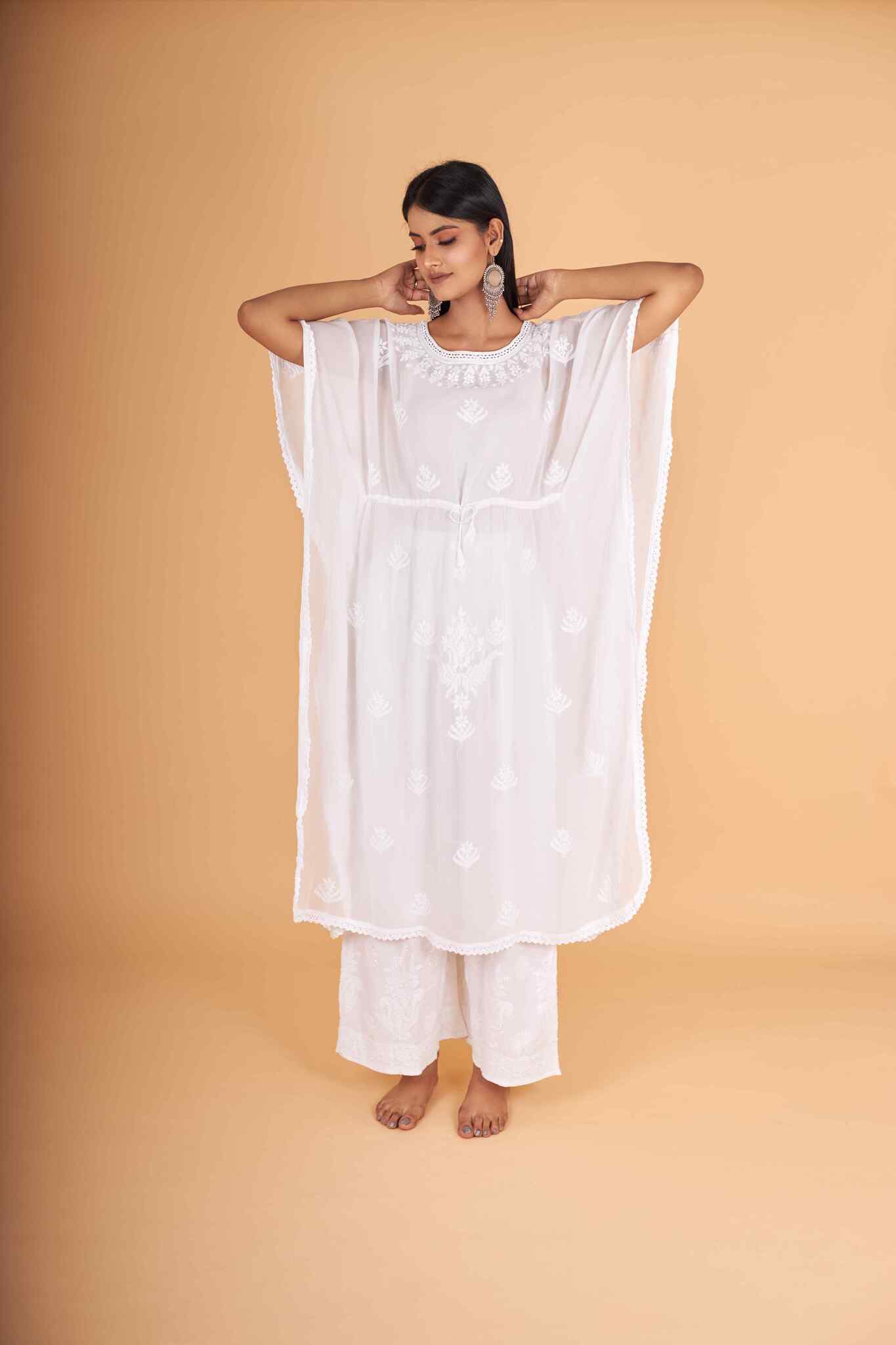 Arsh Handcrafted White Pure Viscose Georgette Kaftaan Dress