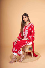 Arsh Handcrafted Red Salab Cotton Chikankari Kurti