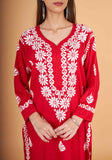 Arsh Handcrafted Red Salab Cotton Chikankari Kurti