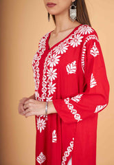 Arsh Handcrafted Red Salab Cotton Chikankari Kurti