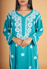 Arsh Handcrafted Peacock Blue Salab Cotton Chikankari Kurti