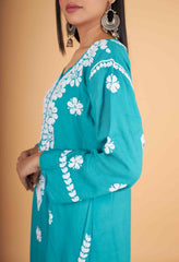 Arsh Handcrafted Peacock Blue Salab Cotton Chikankari Kurti