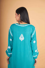 Arsh Handcrafted Peacock Blue Salab Cotton Chikankari Kurti