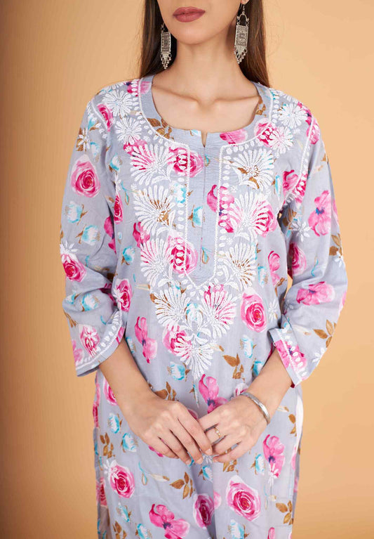 Arsh Handcrafted MulMul Cotton Printed Chikankari Kurti