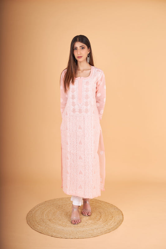 Arsh Handcrafted Peach Front Jaal with hanmade Jaali Kurti