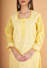 Arsh Handcrafted Pastel Yellow Front Jaal with handmade Jaali Chikankari Kurti