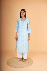 Arsh Handcrafted Blue Front Jaal with handmade Jaali Chikankari Kurti