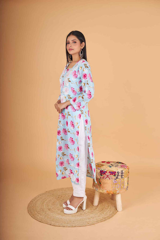 Arsh Handcrafted MulMul Cotton Printed Chikankari Kurti