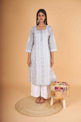 Arsh Handcrafted Grey Pure Cotton Chikan Kurti