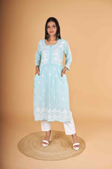 Arsh Handcrafted Sea Green Modal Chikankari Front Pocket Gown Dress