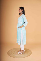 Arsh Handcrafted Sea Green Modal Chikankari Front Pocket Gown Dress