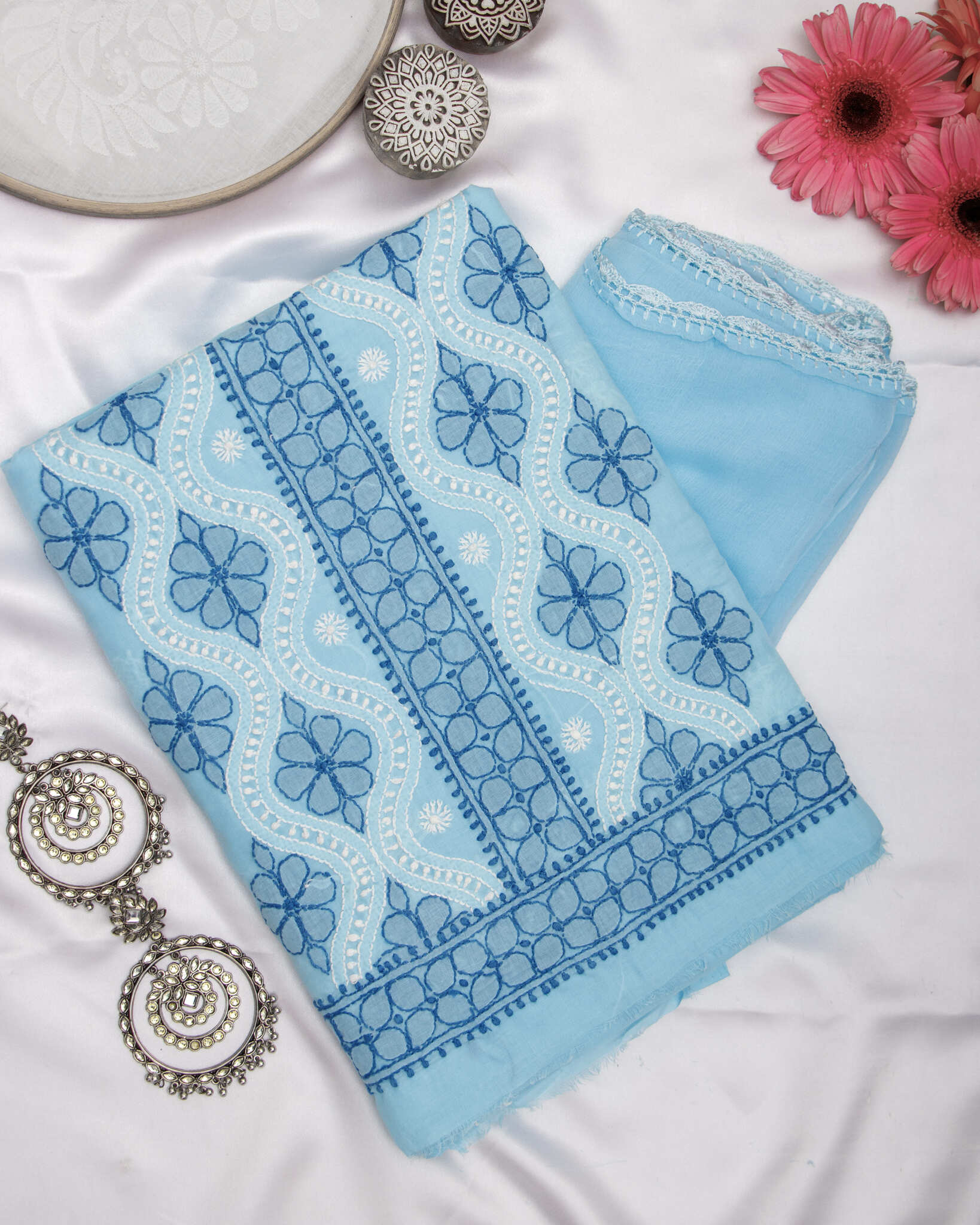 Arsh Handcrafted Sky Blue Cotton Unstitched 3pc Suit