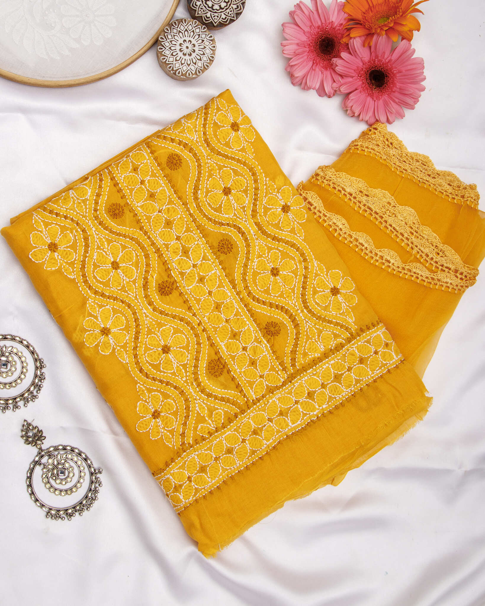 Arsh Handcrafted Mustard Yellow Cotton Unstitched 3pc Suit