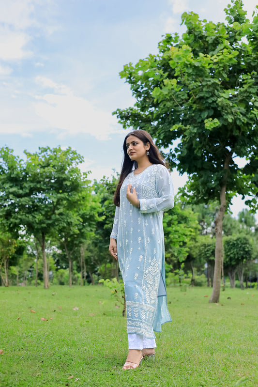 Arsh Handcrafted Powder Blue Pure Viscose Georgette Kurti