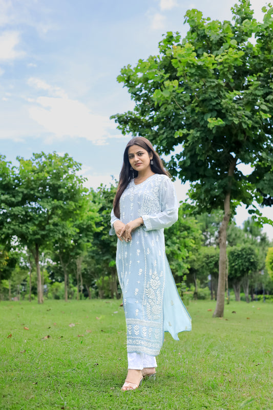 Arsh Handcrafted Powder Blue Pure Viscose Georgette Kurti