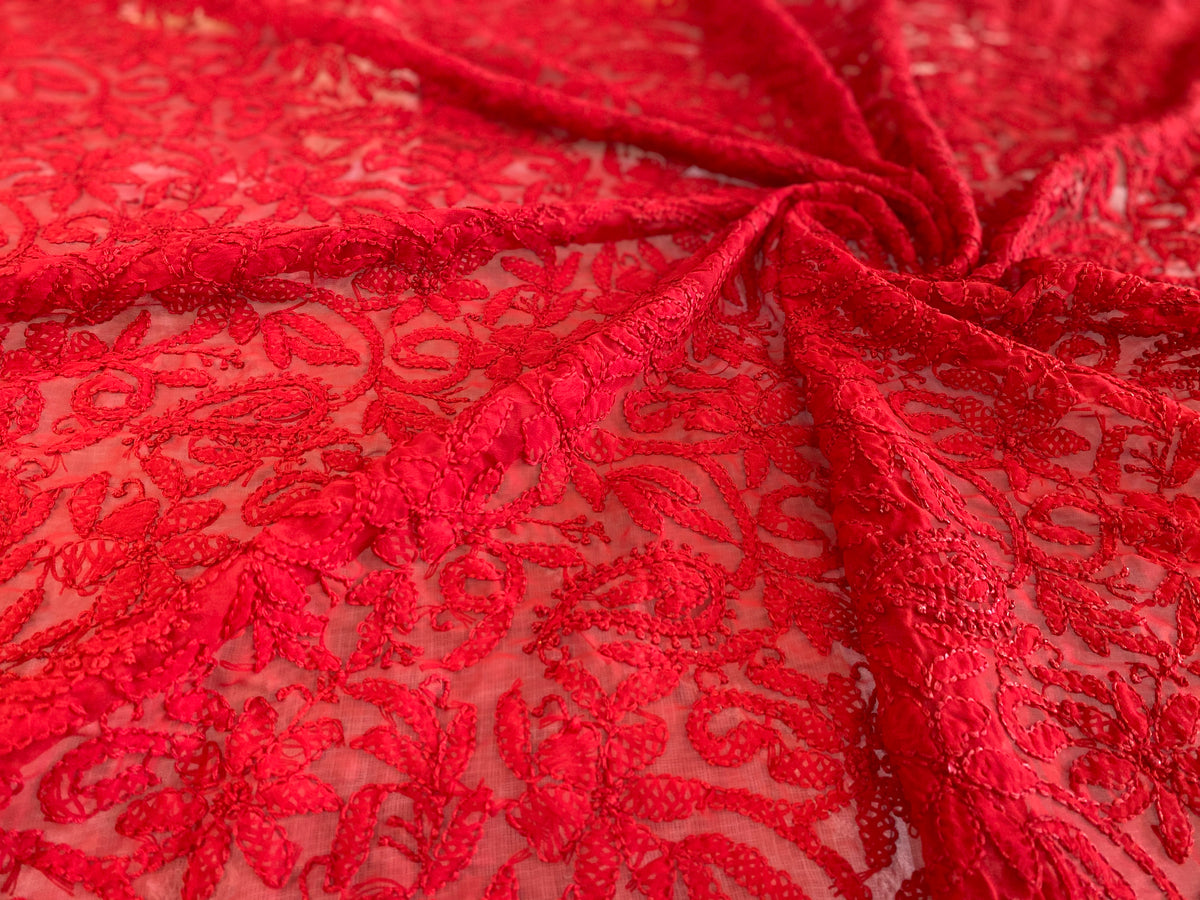 Arsh Handcrafted Semi Georgette Chikankari Red Dupatta