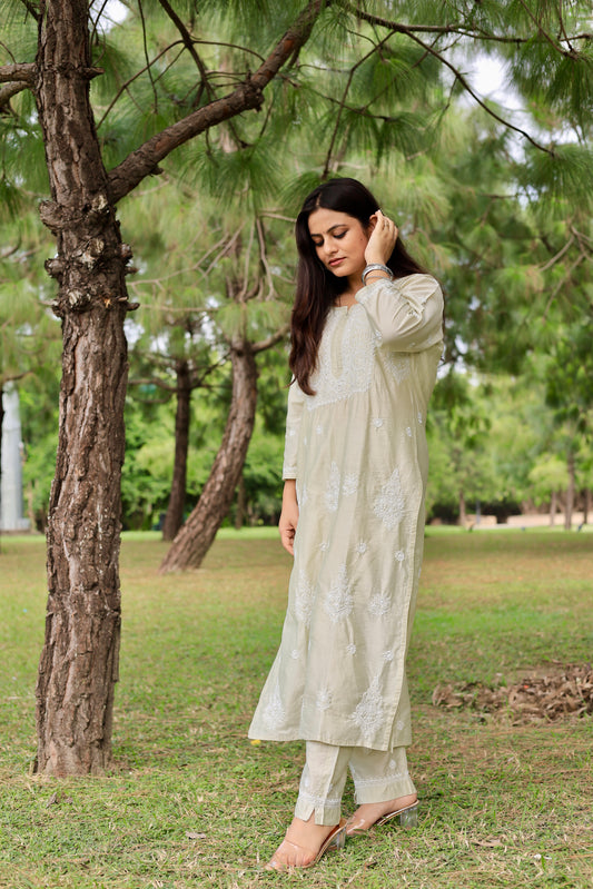 Arsh Handcrafted Chikan Muslin Chanderi Kurta and Pant Set