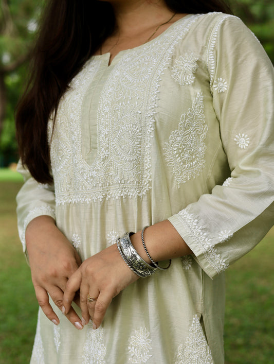 Arsh Handcrafted Chikan Muslin Chanderi Kurta and Pant Set