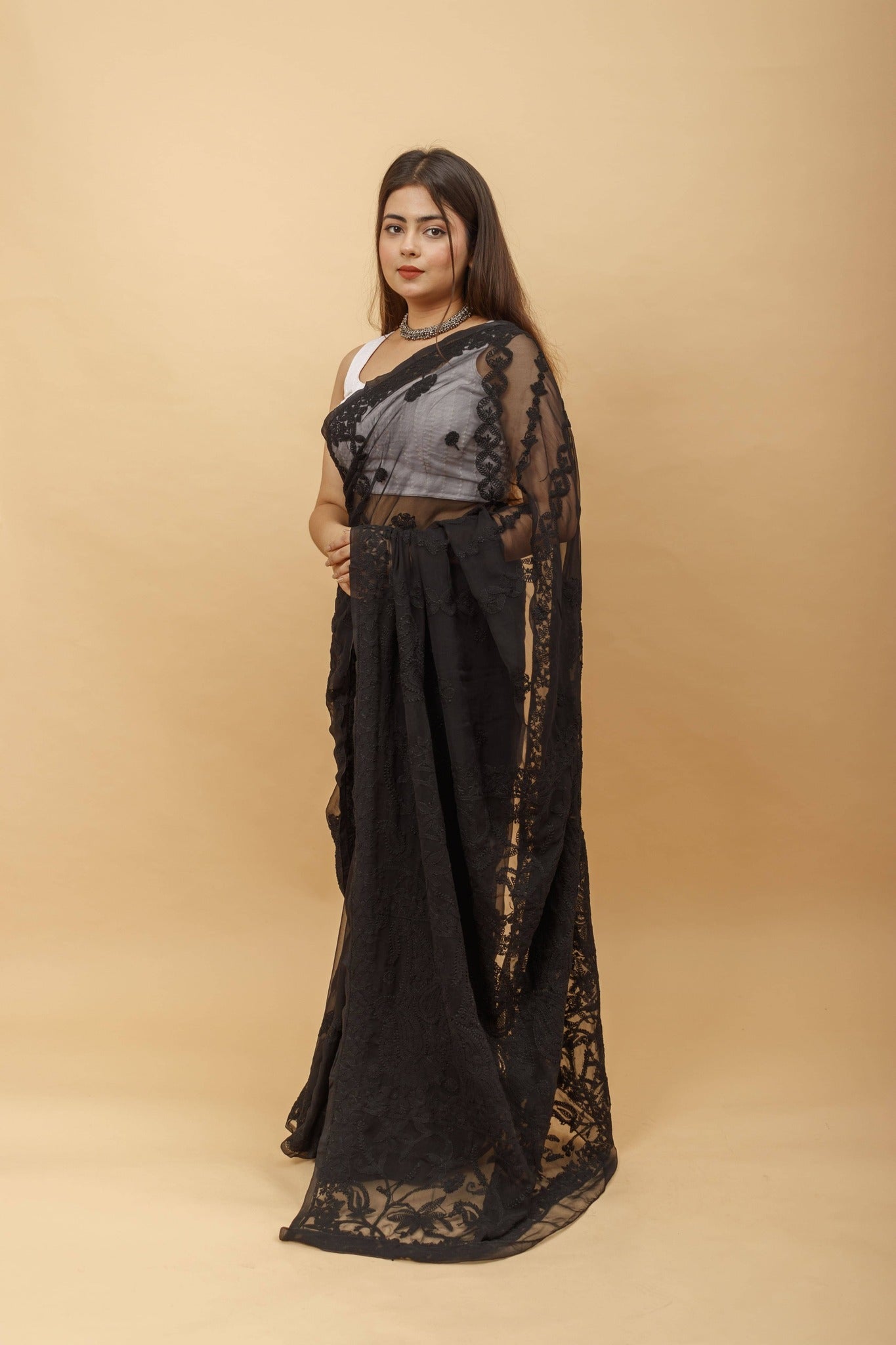 Arsh Handcrafted Semi Georgette Heavy Chikan Emrboidered Saree