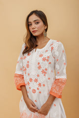 Arsh Handcrafted White and Orange Pure Cotton Chikankari Kairi Printed Kurti