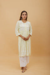 Arsh Handcrafted Lemon Green Modal Chikankari Front Pocket Gown Dress