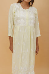 Arsh Handcrafted Lemon Green Modal Chikankari Front Pocket Gown Dress