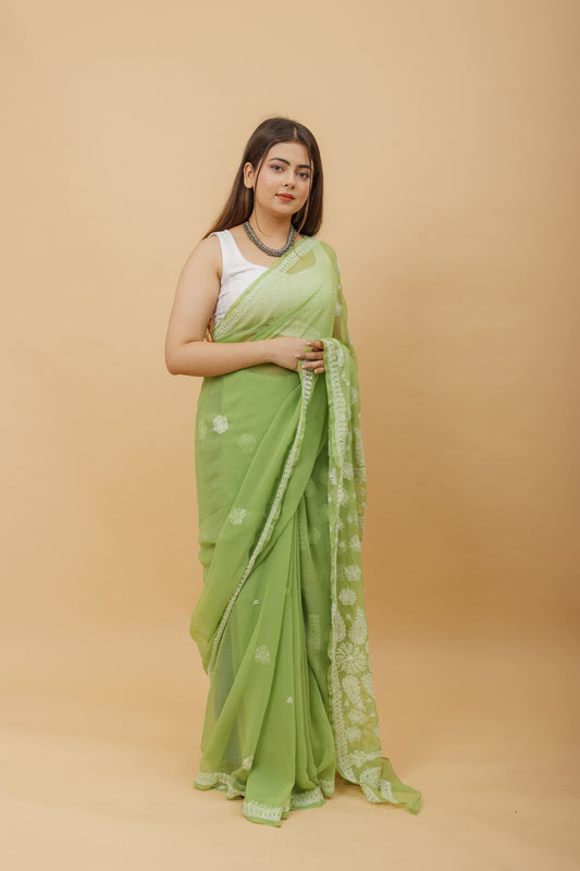 Arsh Handcrafted Semi Georgette Heavy Palla Chikan Embroidered Saree