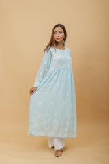 Arsh Handcrafted Sky Blue Modal Chikankari Gown Dress