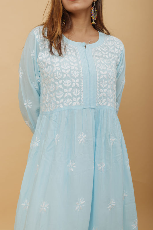 Arsh Handcrafted Sky Blue Modal Chikankari Gown Dress