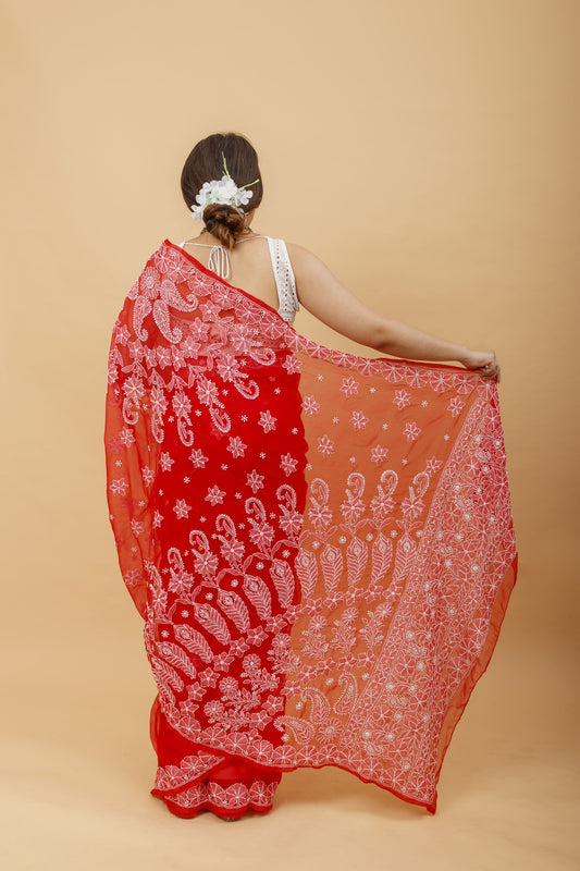 Arsh Handcrafted Semi Georgette Heavy Palla Chikan Embroidered Saree