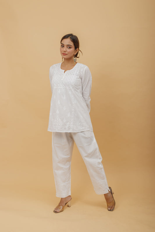 Arsh Handcrafted Pure Cotton White Chikan Short Top