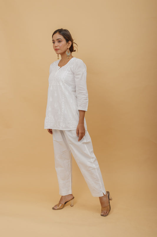 Arsh Handcrafted Pure Cotton White Chikan Short Top