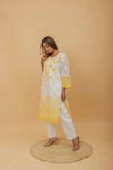 Arsh Handcrafted White and Yellow Pure Cotton Chikankari Kairi Printed Kurti