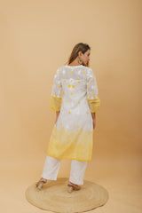 Arsh Handcrafted White and Yellow Pure Cotton Chikankari Kairi Printed Kurti