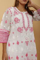 Arsh Handcrafted White and Pink Pure Cotton Chikankari Kairi Printed Kurti