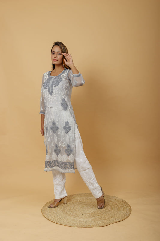 Arsh Handcrafted Grey Semi Georgette Chikan Kurti