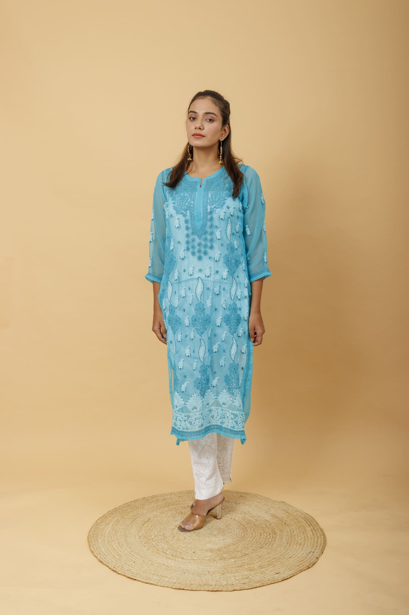 Arsh Handcrafted Peacock Blue Semi Georgette Chikan Kurti