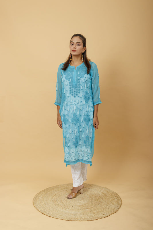 Arsh Handcrafted Peacock Blue Semi Georgette Chikan Kurti